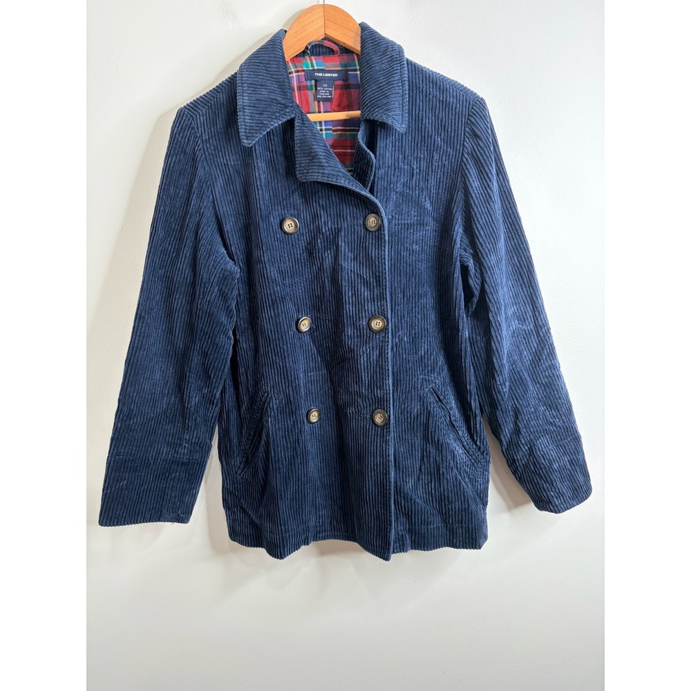 VTG Y2K Womens Navy Blue Corduroy Pea Coat XS Plaid Lined Chore Jacket Academia